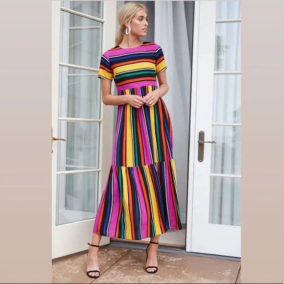 Forever 21 | Dresses | F2 Multicolor Vertical Stripe Short Sleeve Maxi Dress  Small | Poshmark